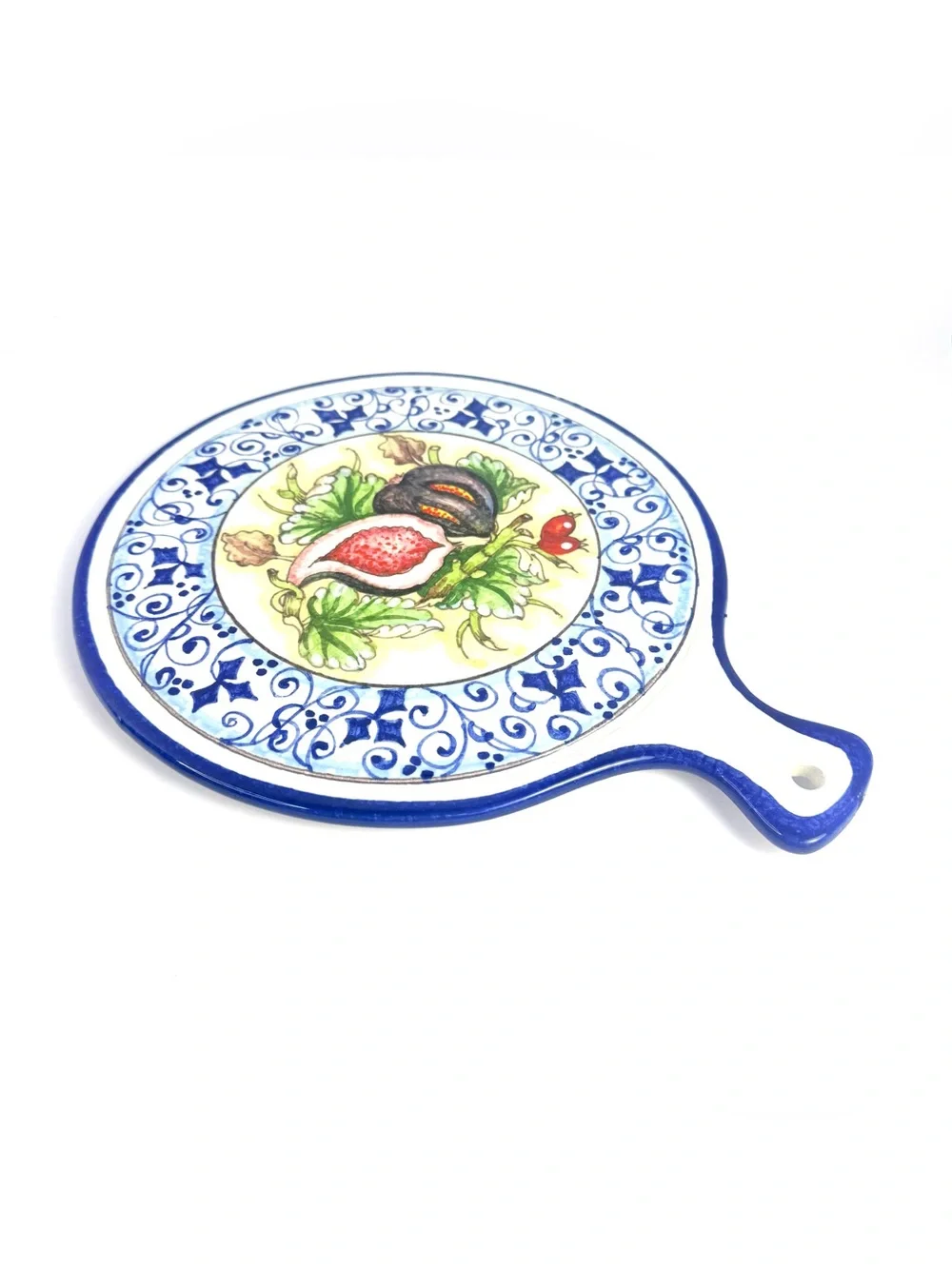 Vintage Italy Ceramica Cuore Trivet w/ Hand Painted Pomegranates, Blue And White